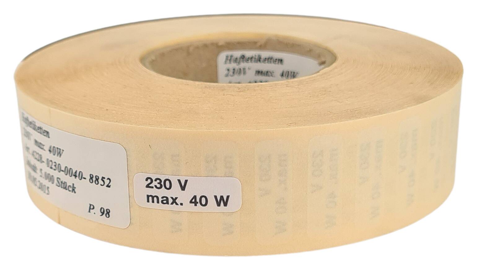 Etikett 230V max. 40W 21x7 mm schreibweiss