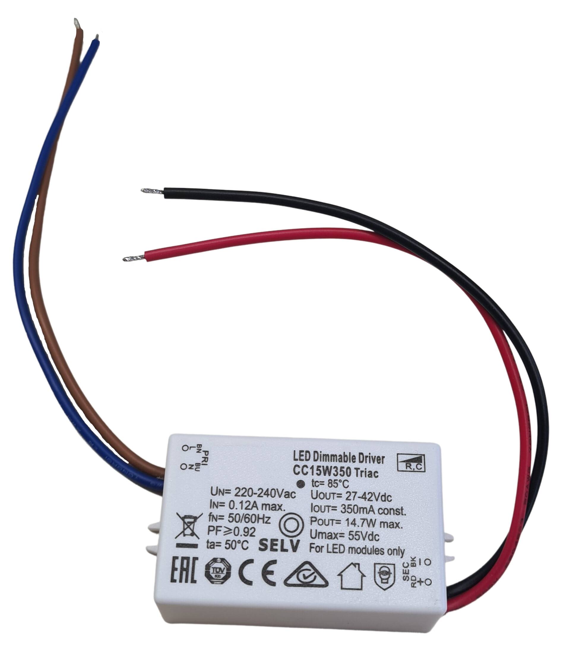 LED-Vorschaltgerät TRIAC dimmbar 58x36x23 mm 198-264V/AC 350mA15W 27-42V IP44