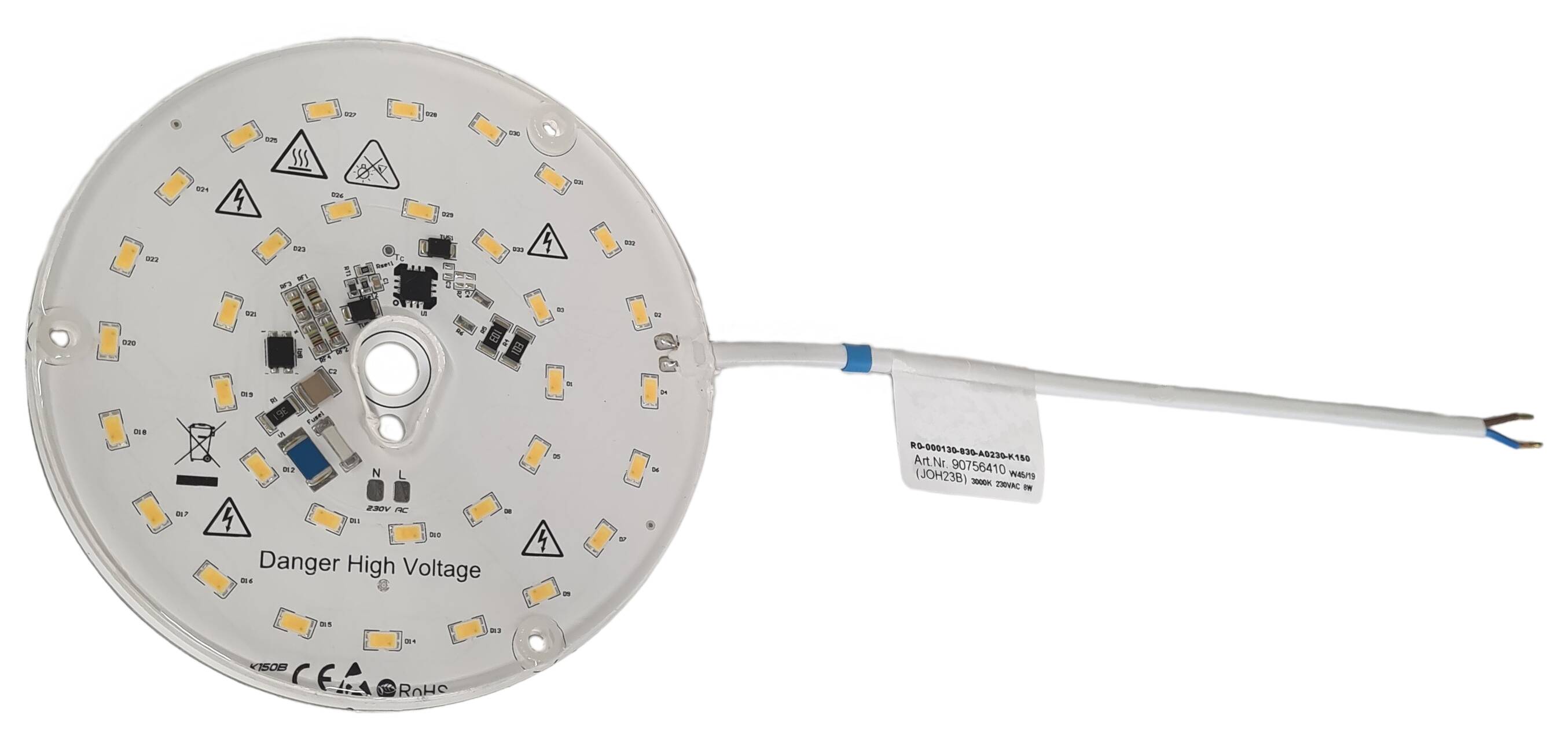 LED-Modul Ø 130 mm 230V/AC 8W 3000K CRI>85 800lm AluPCB vergossen m. Kabel  250 mm weiss