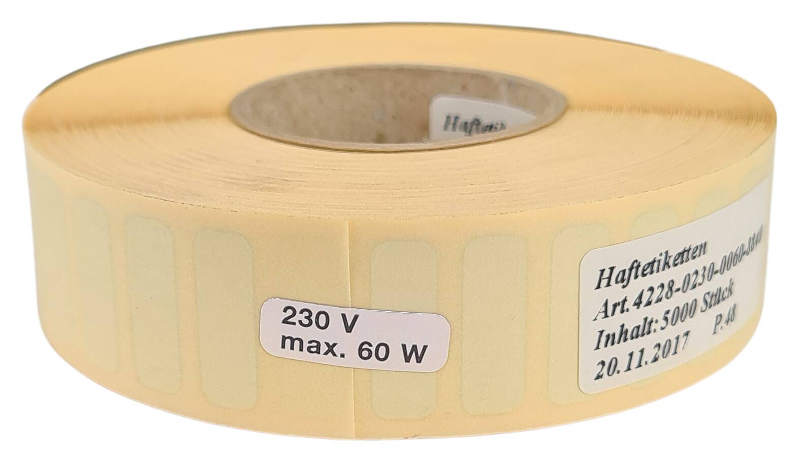Etikett 230V max. 60W 21x7 mm alufarbig