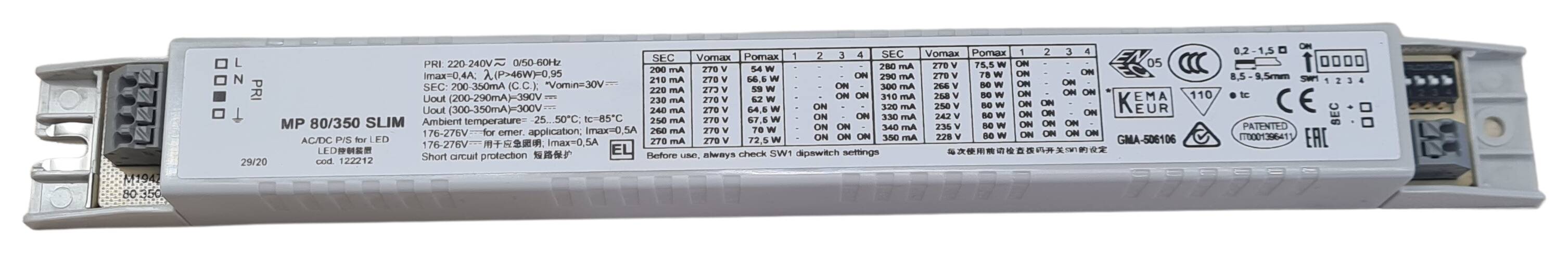 LED-Vorschaltgerät 280x30x21 mm 220-240V/AC 200-350mA einstellbar ü. Dip Switch 54-80W 30-270V IP20
