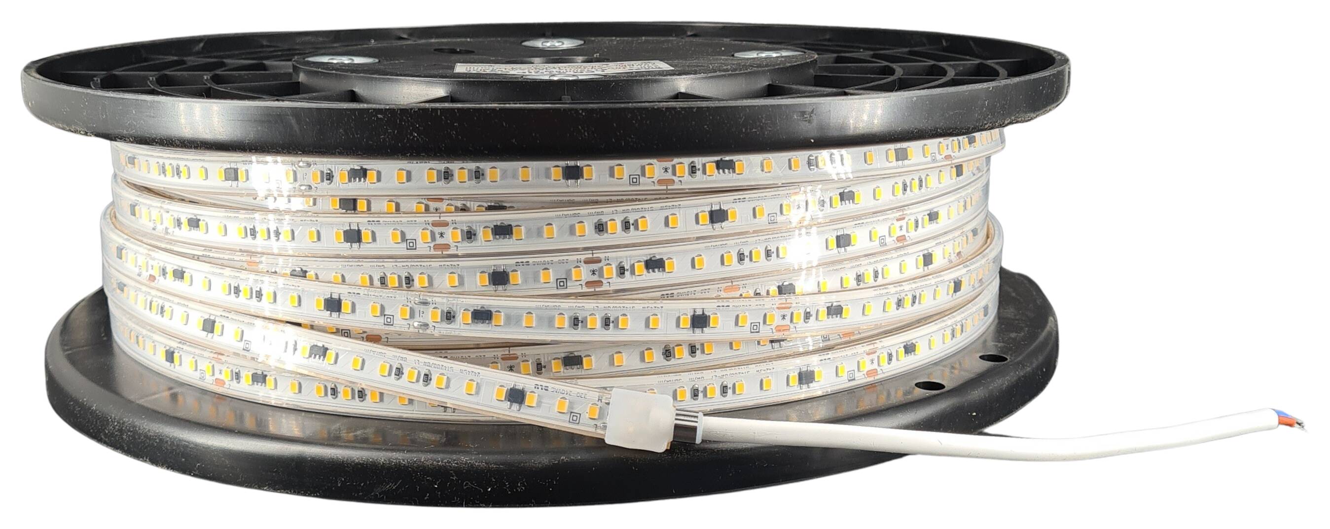 LED-Strip flexibel IP65 230V 8W/m 950lm/m 3000K RA>80 120 LEDs/m rückseitig 3M Tape Rolle á 50m