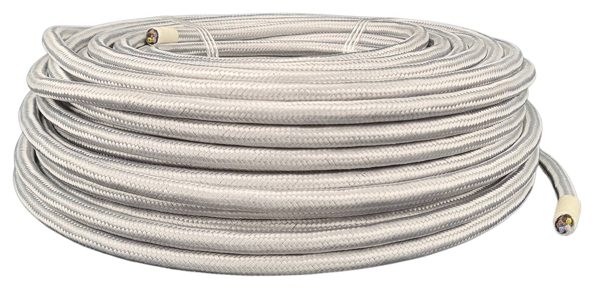 Kabel m. Stahlseil 5G 0,75 HO5VV-F PVC  textilummantelt RAL 7044 silber glänzend