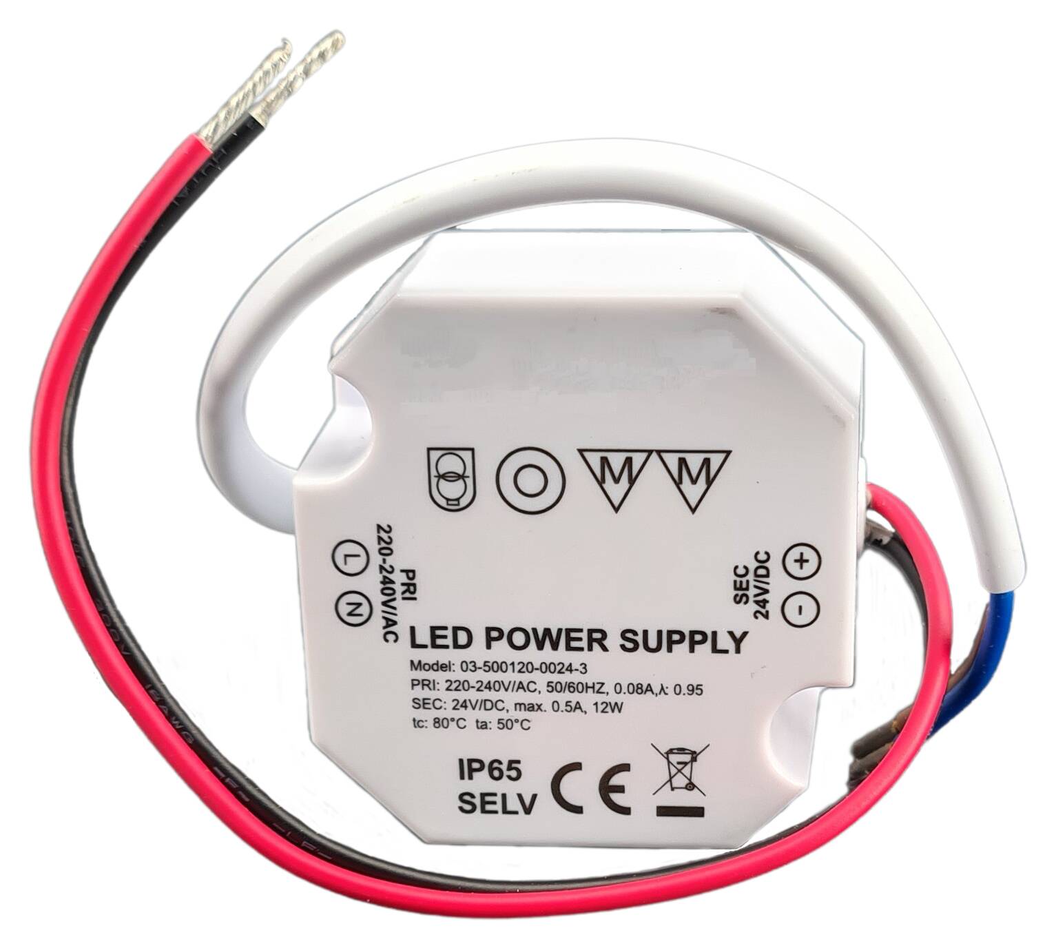 LED-Vorschaltgerät Ø50x24 mm 100-240V/AC 24V/DC 12W primär u. sekundär m. Kabel 150mm lg. IP65