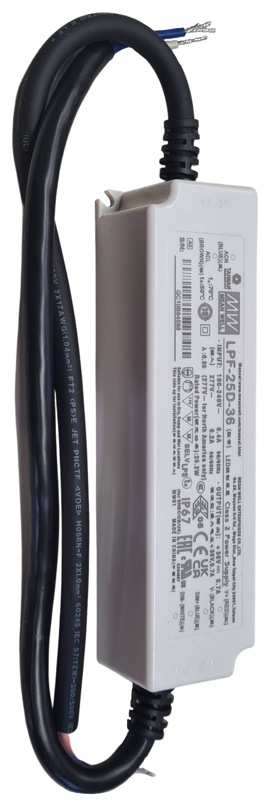 LED-Vorschaltgerät 148x40x32 mm 90-305V/AC 36VDC o. 700mA 25,2 W dimmbar 1,10V Widerstand u. Triac IP67